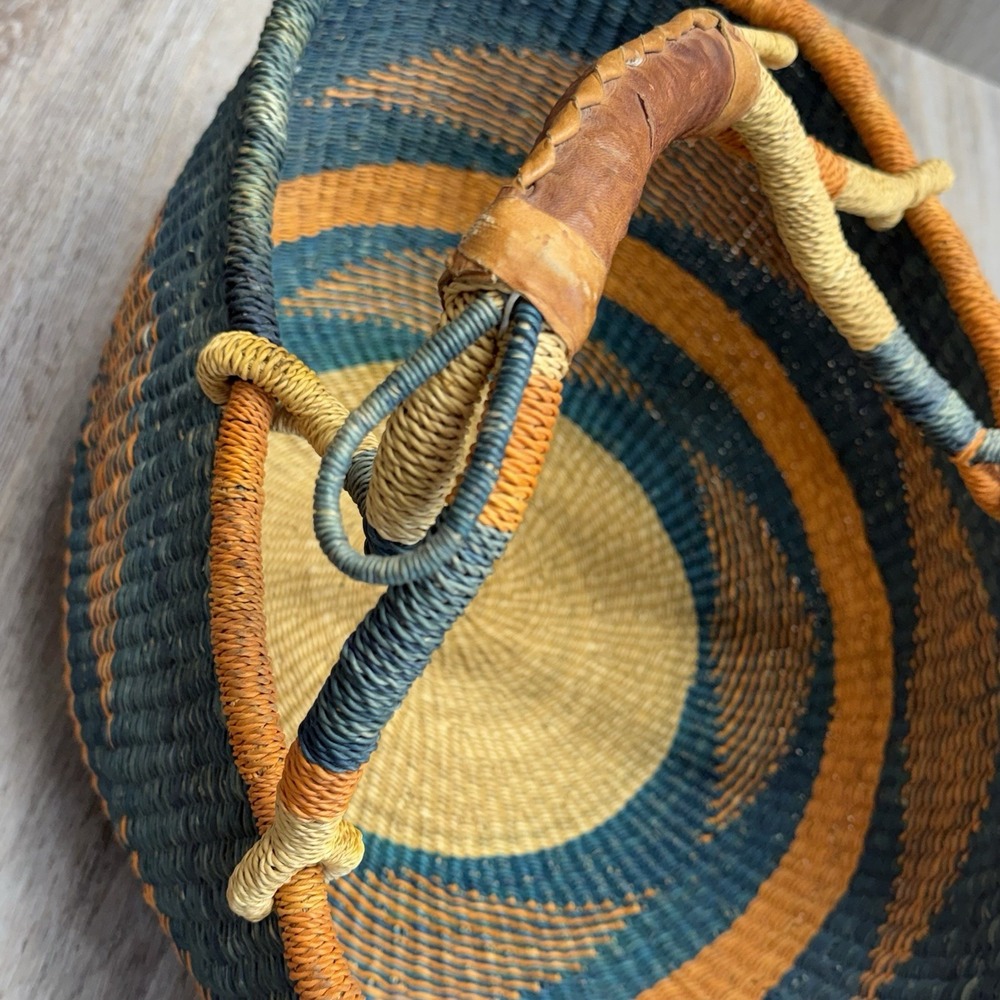 Woven African Bolga Ghana Market Basket Large Leather Handle - Picture 12 of 16